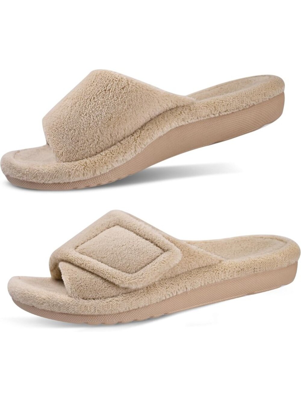 Women's Brown Adjustable Open Toe Orthopedic Arch Support Fuzzy Slippers Slide